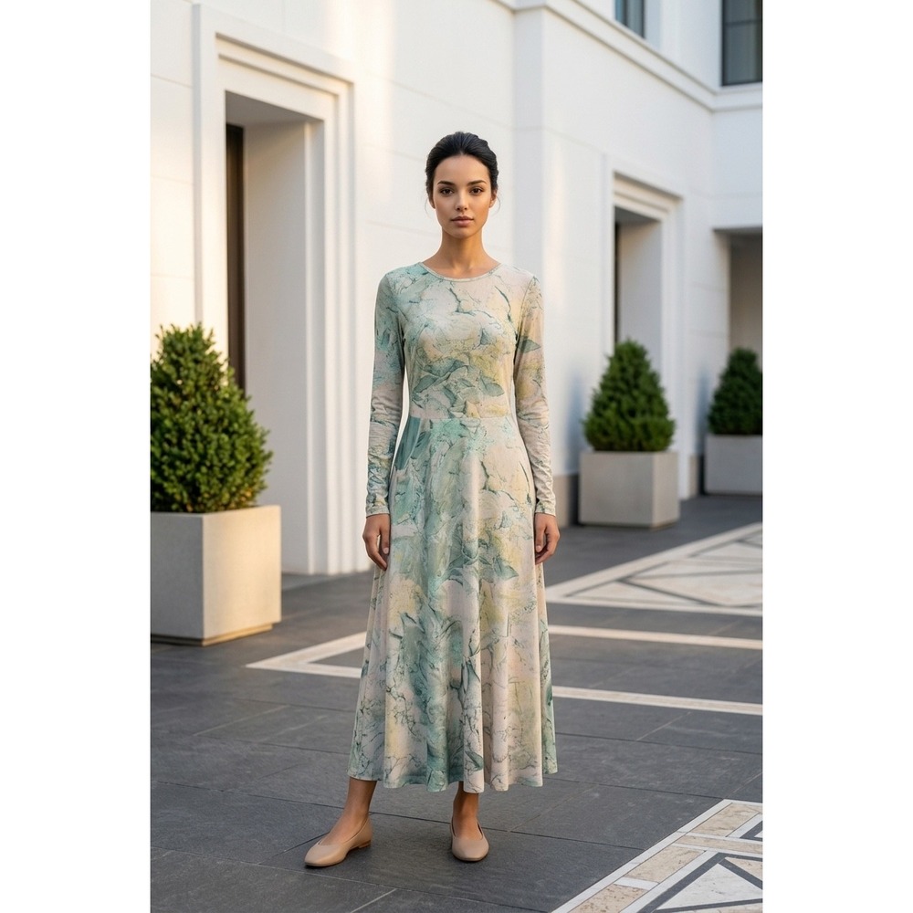 HM Womens Long Sleeve Marble Print Midi Dress Sage Green Open Back Size M